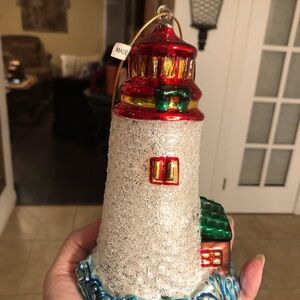 Blown Glass Large 8" Lighthouse Crashing Waves Christmas Ornaments Sugared